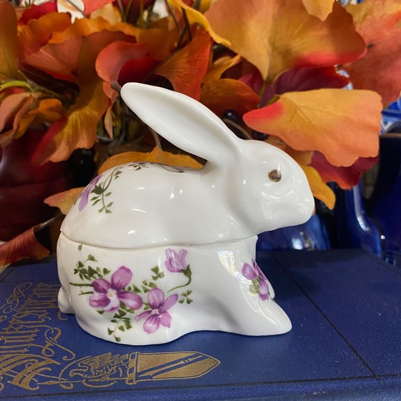 Floral Bunny Rabbit Trinket Box Bone China Lidded Dish Figurine Easter Decor - Picture 1 of 9